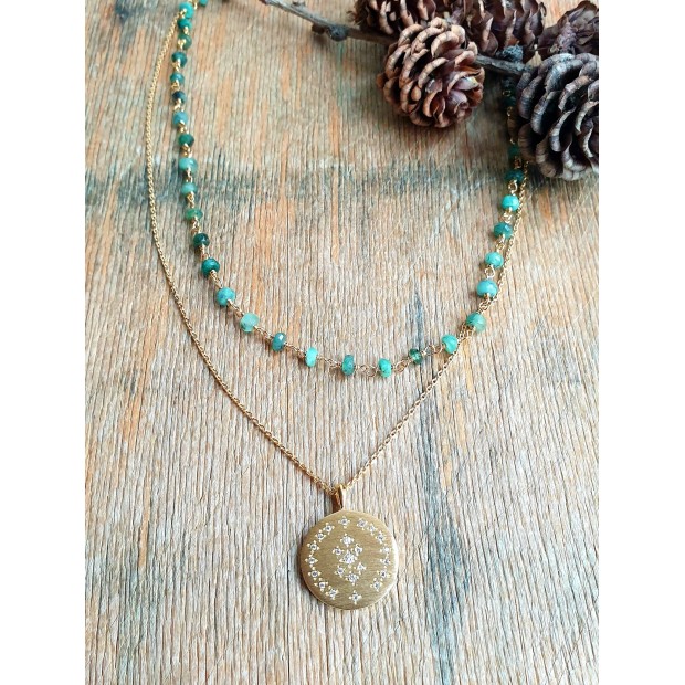 Hanka IN ilgas kaklo papuošalas su smaragdais ir cirkonio medalionu 